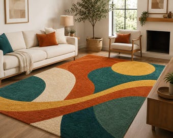 Abstract Area Rug | Mid Century Retro Modern Rug | Sun Motif Teal Orange Rug | Rectangular Bold Color Geometric Rug