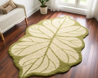 Handmade Leaf Rug: Eco-Friendly Boho Tropical Design