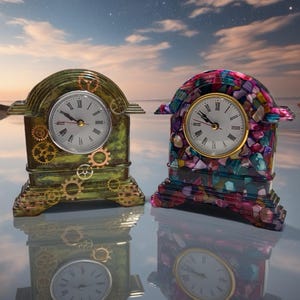 Resin Table Clock- Glow in the Dark (Back): Crushed Shells and Steampunk