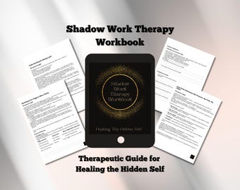 Pode incluir: Um tablet preto exibindo "Shadow Work Therapy Workbook" com um design circular dourado. Quatro páginas brancas com texto circundam o tablet. A imagem também inclui o texto "Therapeutic Guide for Healing the Hidden Self."