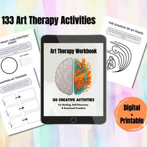 May include: A digital art therapy workbook displayed on a tablet, with the title "133 Art Therapy Activities." The workbook cover features a brain design split between gray and colorful floral elements. Additional pages include charts and illustrations.