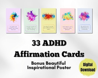 Könnte beinhalten: Ein digitaler Download mit 33 ADHD-Affirmationskarten mit farbenfrohen Aquarellspritzern und inspirierenden Zitaten. Das Bild enthält auch den Text "Bonus Beautiful Inspirational Poster" und ein "Digital Download"-Abzeichen.
