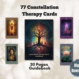 Può includere: Un'immagine di 77 carte di terapia delle costellazioni e una guida di 30 pagine. Le carte presentano varie illustrazioni, tra cui un albero con foglie arcobaleno, una donna con una luna crescente e una persona in un'aura viola. Sono visibili anche le parole "Download digitale".