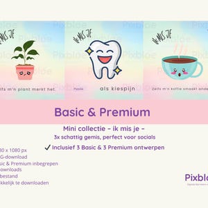 Ik mis je – Pixbloe Mini Collectie | 6x JPEG Afbeeldingen voor WhatsApp, Facebook & Instagram