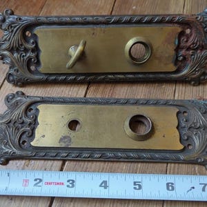 unique pair set art deco door plate brass doorknob fixture mcm antique rare vtg