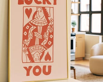 Lucky You afdrukbare muurkunst rode koningin kaart kunst retro speelkaart print casino liefde decor digitale download trendy preppy girly decor slaapzaal