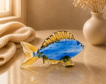 Handmade Murano Style Blue Glass Fish Figurine, Ocean Desk Ornament