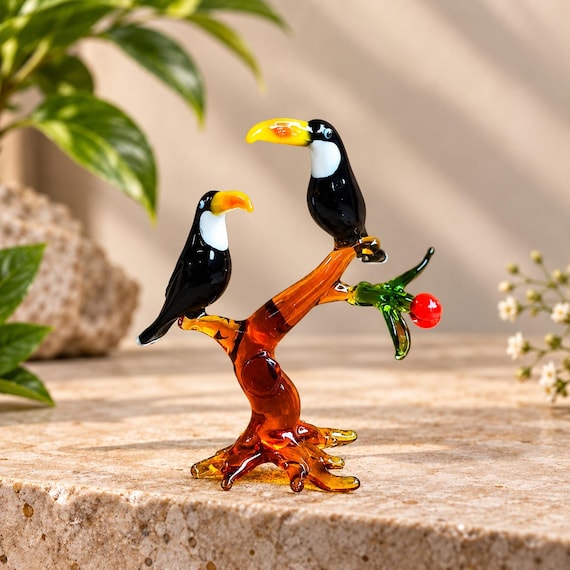 Handmade Glass Toucan Figurine, Blown Glass Bird Sculpture
