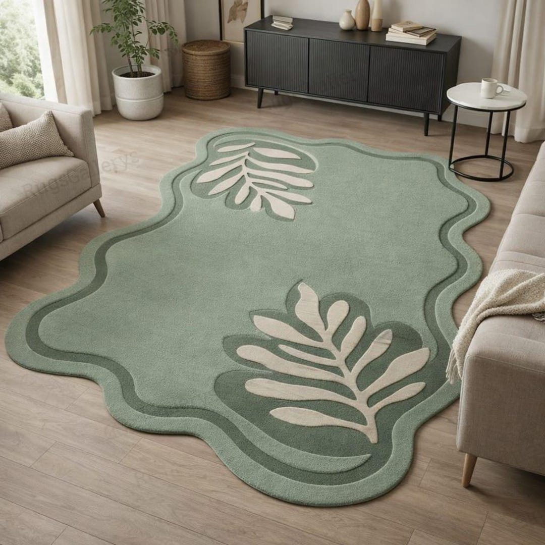 Hand Tufted Sage Green Wool Rug, Irregular Scalloped Botanical Area Rug ...