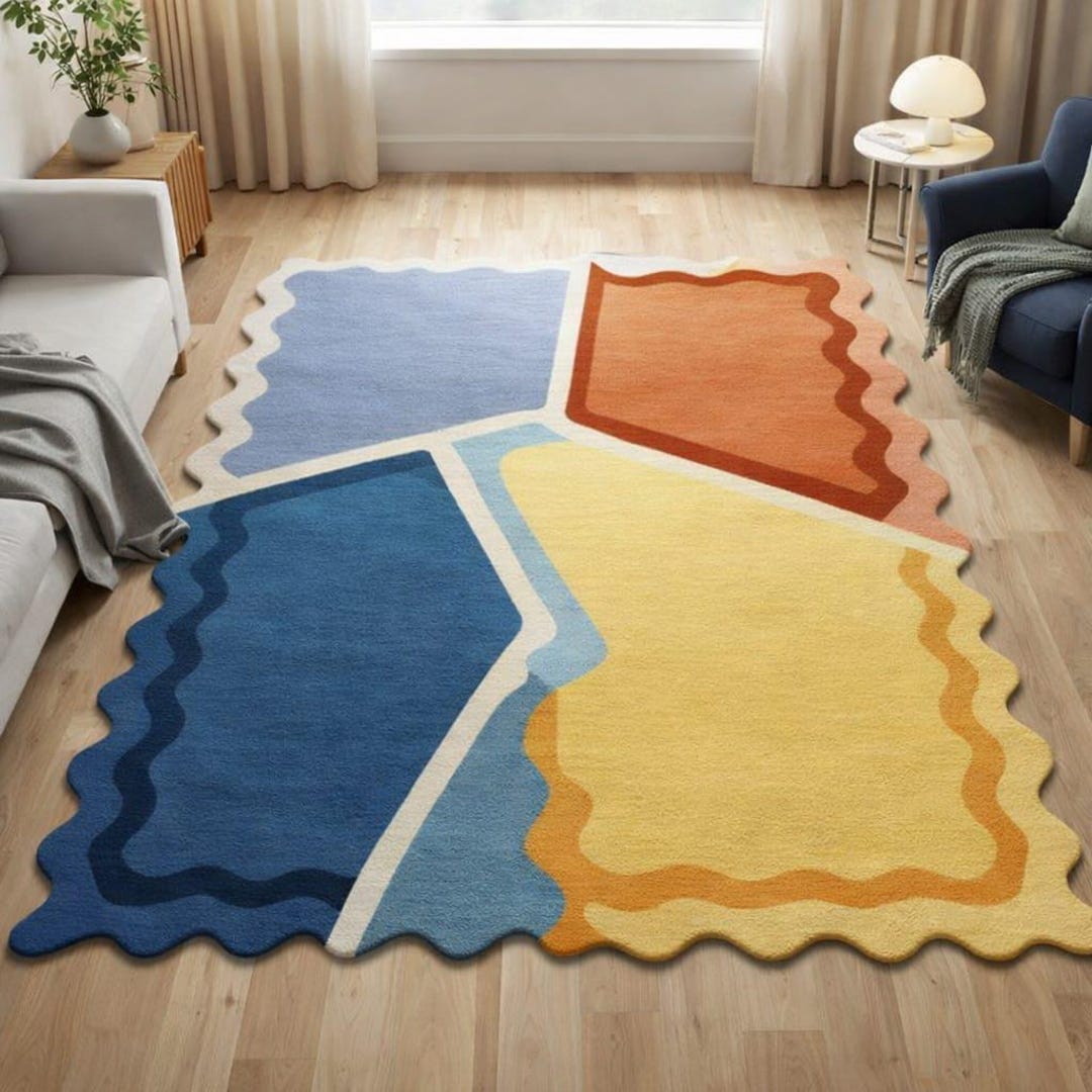 Hand Tufted New Zealand Wool Rug - Modern Wavy Scalloped Edge Area Rug ...