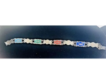 Vintage Siam Sterling Silver Niello 8 Panel Bracelet Thai Deities Gods 7 1/4"