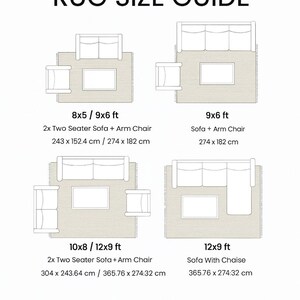May include: A guide titled "Living Room Rug Size Guide" with diagrams showing rug sizes for different living room layouts. Includes measurements in feet and centimeters for various sofa and chair arrangements.