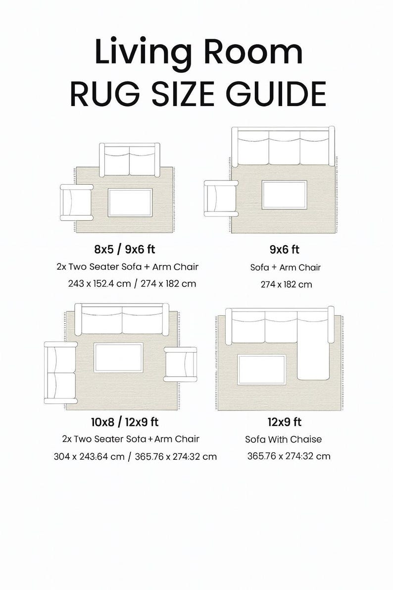 May include: A guide titled "Living Room Rug Size Guide" with diagrams showing rug sizes for different living room layouts. Includes measurements in feet and centimeters for various sofa and chair arrangements.