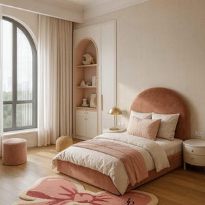 May include: A bedroom with a pink and beige color scheme. The bed has a pink headboard and bedding. A large bow-shaped rug in pink and beige sits on the wooden floor. A round pink ottoman and a side table are also visible.