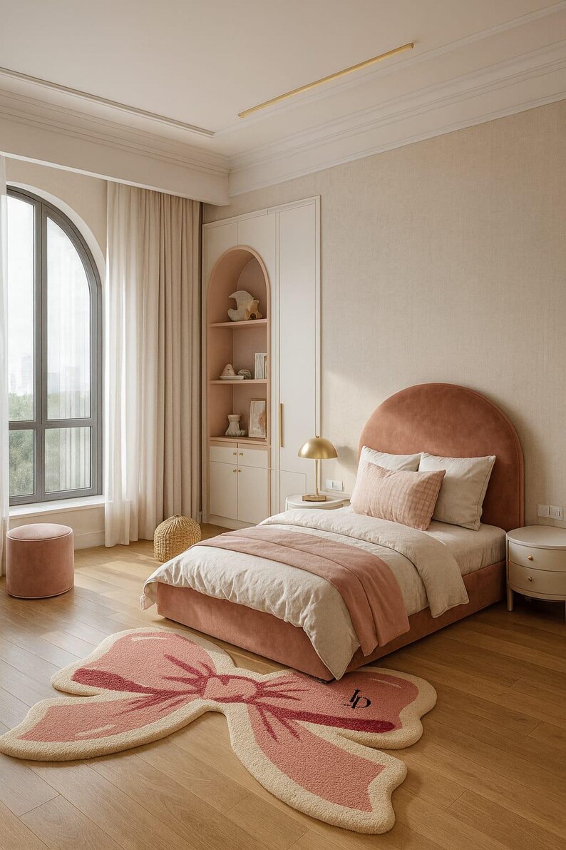 May include: A bedroom with a pink and beige color scheme. The bed has a pink headboard and bedding. A large bow-shaped rug in pink and beige sits on the wooden floor. A round pink ottoman and a side table are also visible.