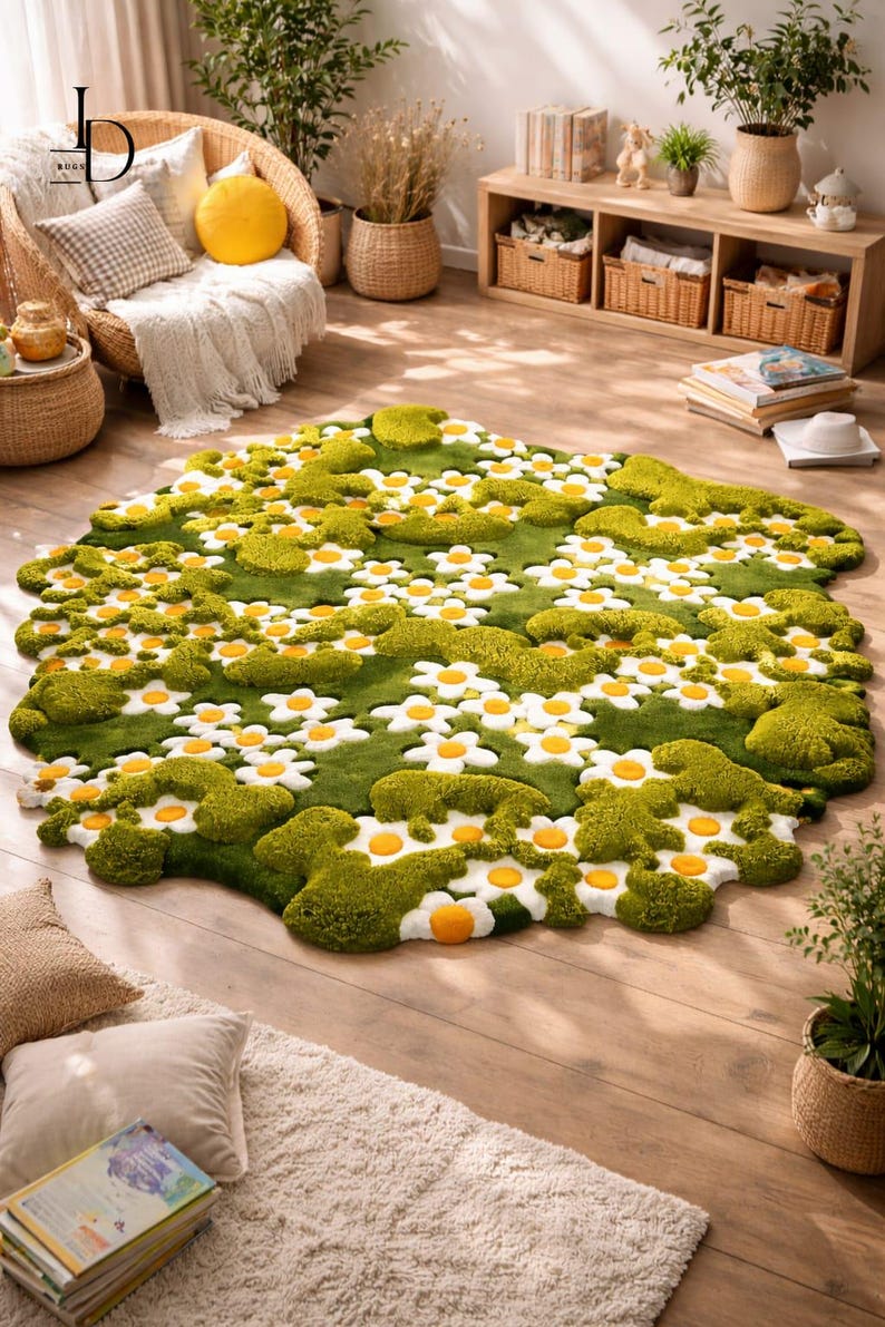 May include: A green rug with a daisy flower design. The rug features white petals with yellow centers, set against a green background. The rug is placed on a wooden floor, with other home decor items in the background.