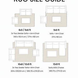 May include: A guide for living room rug sizes, with diagrams showing different layouts. Includes measurements in feet and centimeters for various rug sizes, such as 8x5/9x6 ft, 9x6 ft, 10x8/12x9 ft, and 12x9 ft, with sofa and chair arrangements.