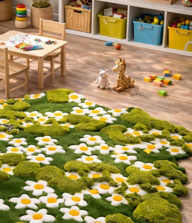 May include: A green rug with white daisy flowers and moss-like patches. The rug is in a child's playroom with a small wooden table and chairs, toys, and storage bins. A stuffed giraffe and a stuffed bunny are on the floor.