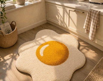Cute Fried Egg Rug – Hand Tufted Yolk Carpet for Kitchen, Bedroom & Kids Room | Whimsical Playful Home Decor | Soft Aesthetic Floor Mat