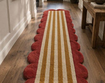 Hand Tufted Striped Runner Rug with Scalloped Edge – Modern Hallway Runner – Custom Color Wool Rug