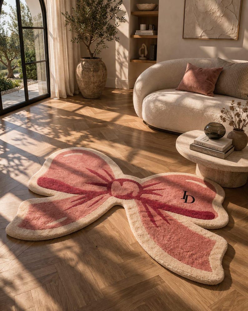 May include: A pink and beige bow-shaped rug with a textured surface. The rug features a darker pink outline and a central knot design. The initials "JD" are embroidered on one of the bow loops. The rug is placed on a wooden floor.