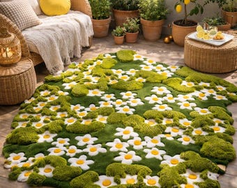 Hand Tufted Kids Floral Area Rug – Daisy Flower Green Meadow Carpet for Nursery & Playroom, Soft Plush Children Room | Organic Shape Rug