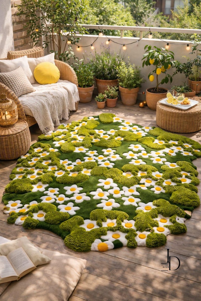 May include: A green rug with a daisy flower design. The rug features white daisy petals with yellow centers, set against a green background. The rug is placed on a wooden deck, with outdoor furniture and plants in the background.