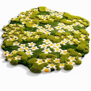 May include: A whimsical rug shaped like a field of daisies. The rug features a green base with white daisy flowers and yellow centers, surrounded by textured green patches. The design is a playful and unique home decor item.