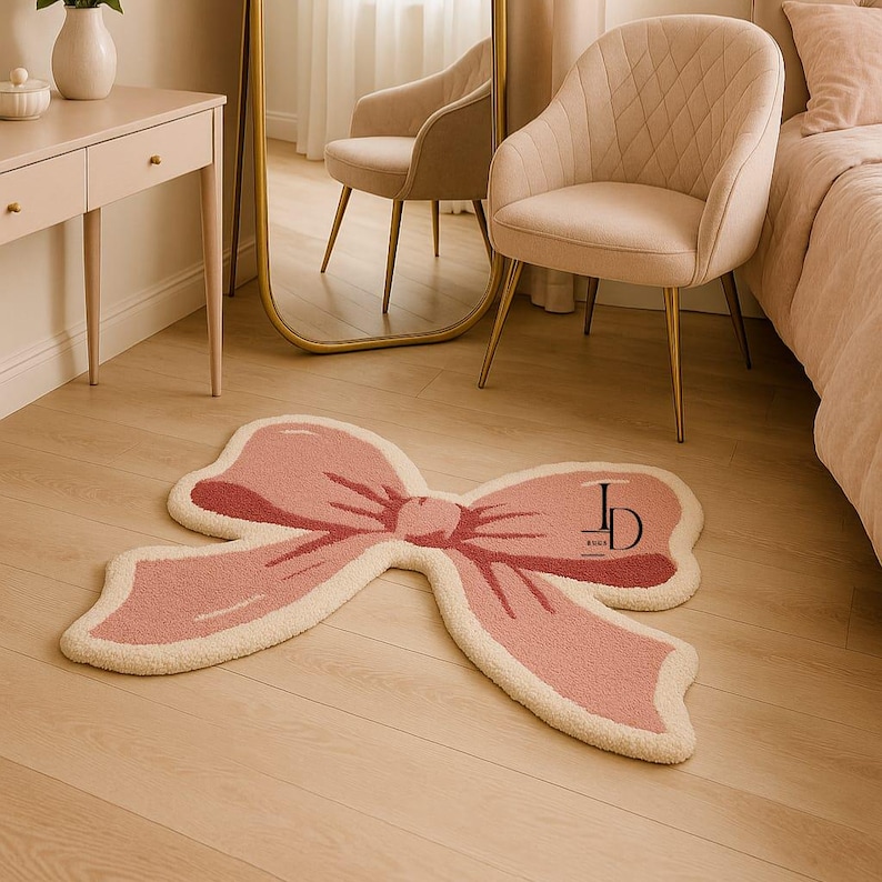 May include: A pink bow-shaped rug with a cream-colored border lies on a light wood floor. The rug has a textured appearance and features the initials "JD" in a darker pink shade. The rug is in a room with a mirror, chairs, and a bed.
