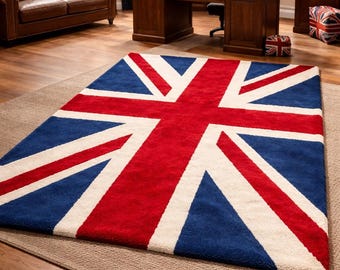 Alfombra Union Jack tejida a mano | Alfombra con la bandera británica | Alfombra moderna con la bandera del Reino Unido | Alfombra de lana roja, azul y blanca para la decoración de la sala de estar y el dormitorio