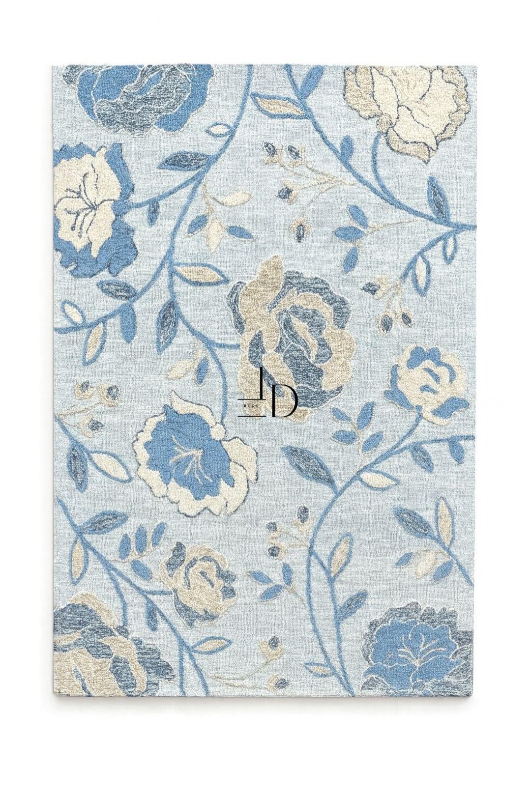 Low Loop Rug Hand Tufted Floral Rug – Blue Beige High Low Loop Pile Rug, Textured ...