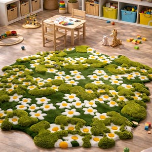 May include: A whimsical green rug with white daisy-shaped accents and yellow centers. The rug is placed in a playroom setting, surrounded by wooden furniture, toys, and storage units. The rug's dimensions are approximately 70 inches by 50 inches.