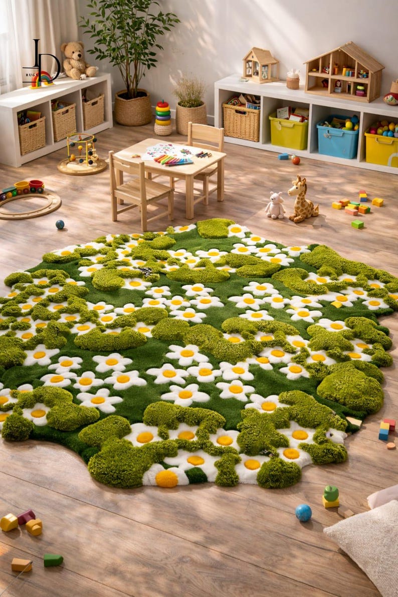 May include: A whimsical green rug with white daisy-shaped accents and yellow centers. The rug is placed in a playroom setting, surrounded by wooden furniture, toys, and storage units. The rug's dimensions are approximately 70 inches by 50 inches.