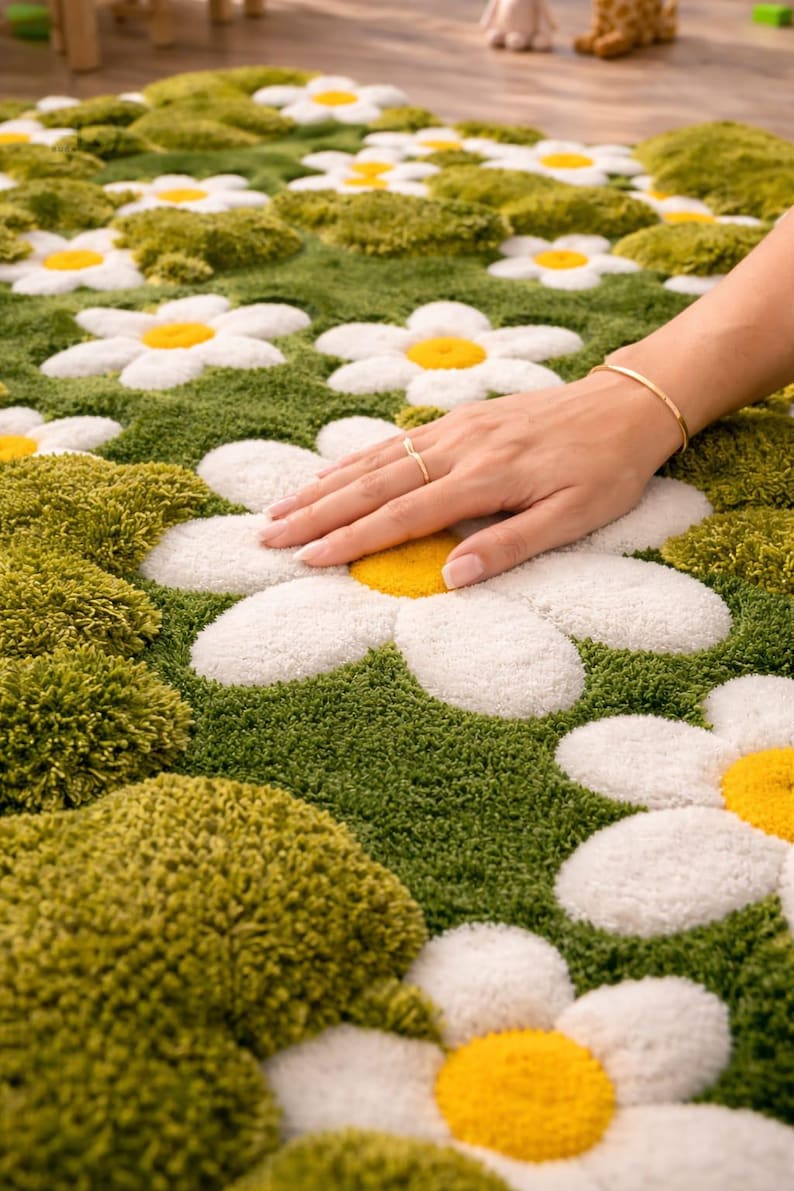 May include: A daisy-shaped rug with white petals, yellow centers, and green grass-like background. The rug has a soft, textured appearance. A hand with a gold ring and bracelet rests on the rug.
