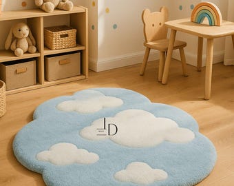 Hand-Tufted Cloud Kids Rug | Soft Blue Sky Nursery Rug | Toddler Playroom Carpet | Baby Room Floor Mat | Non-Slip Handmade Rug