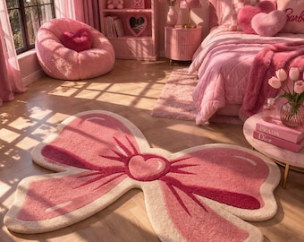 Hand Tufted Pink Bow Rug – Cute Aesthetic Bow Carpet, Handmade Tufted Rug for Bedroom, Nursery, Vanity Room Decor, Kawaii Girls Room Rug