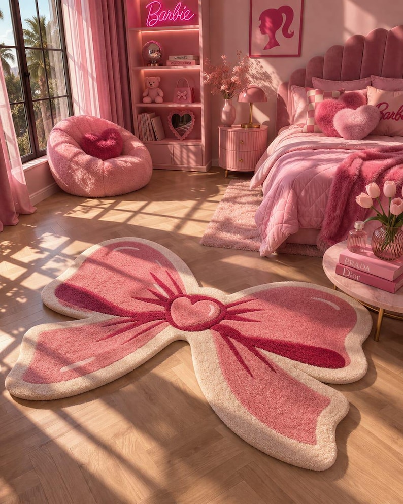 May include: A pink bedroom with a large bow-shaped rug. The rug is light pink with a darker pink outline and a heart in the center. The room has a pink bed, a beanbag chair, and a bookshelf with a "Barbie" sign.