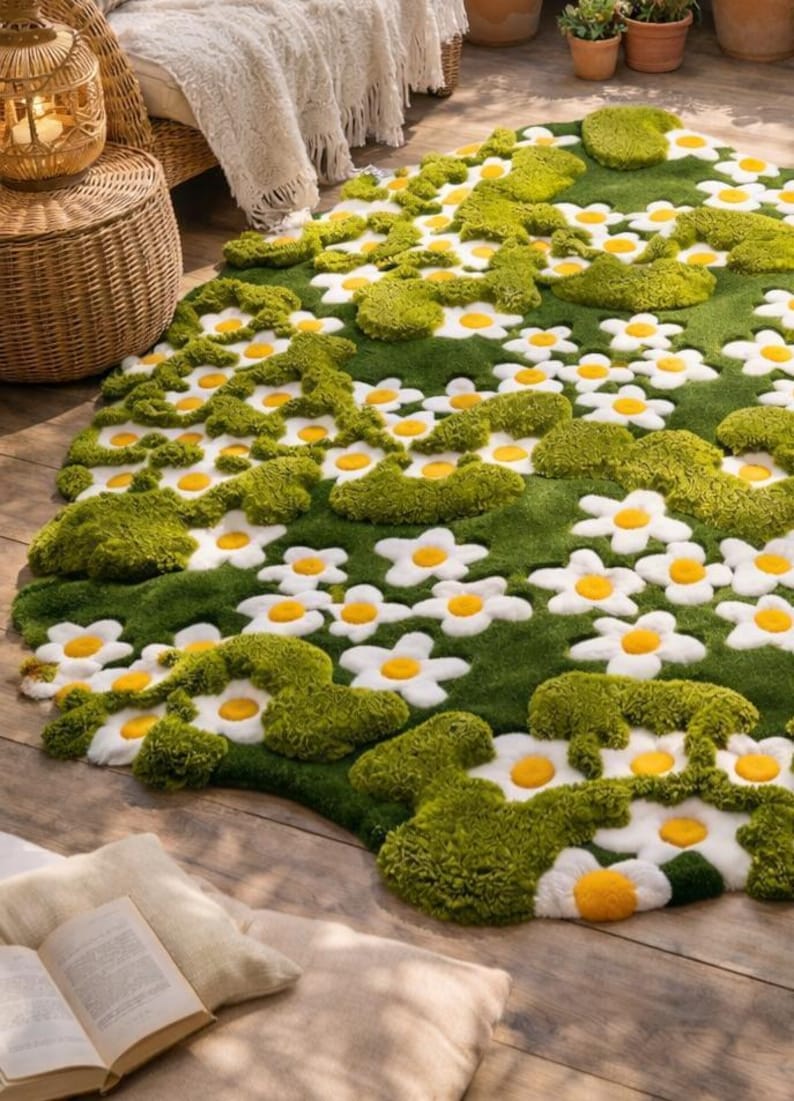 May include: A green rug with a daisy flower design. The rug features white daisy flowers with yellow centers and green moss-like accents. The rug is placed on a wooden floor, creating a natural, floral theme.