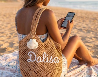 Personalized Crochet Beach Tote Bag, Custom Summer Travel Bag, Bridesmaid Beach Tote, Handmade Cotton Crochet Bag, Vacation Shoulder Bag