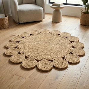 Round Jute Rug with Scalloped Border, Boho Natural Fiber Rug, Handmade Braided Round Rug, Farmhouse Living Room Carpet, Eco Friendly Rug