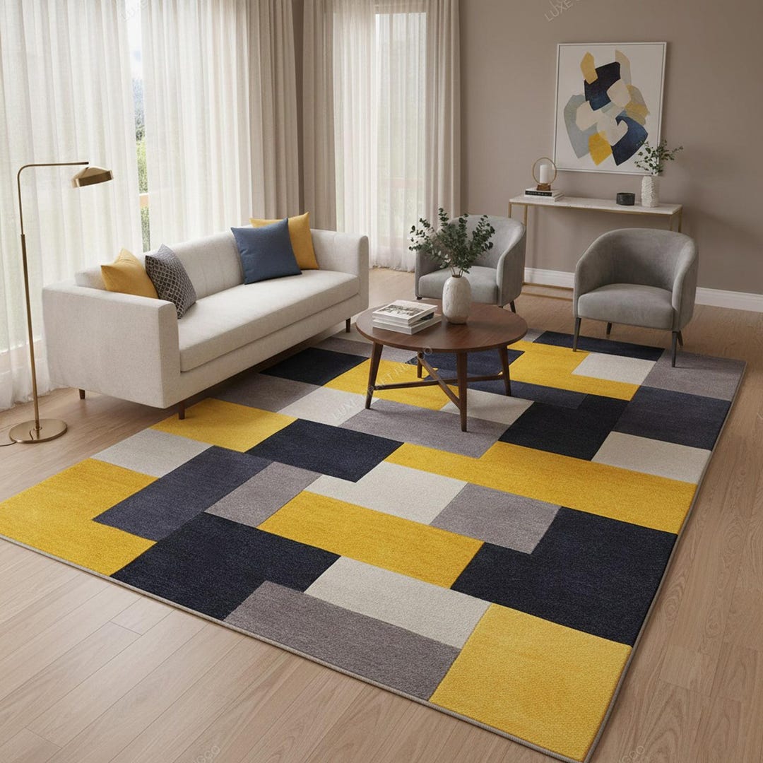 Geometric Wool Area Rug: Modern Yellow Gray Block Design - Etsy