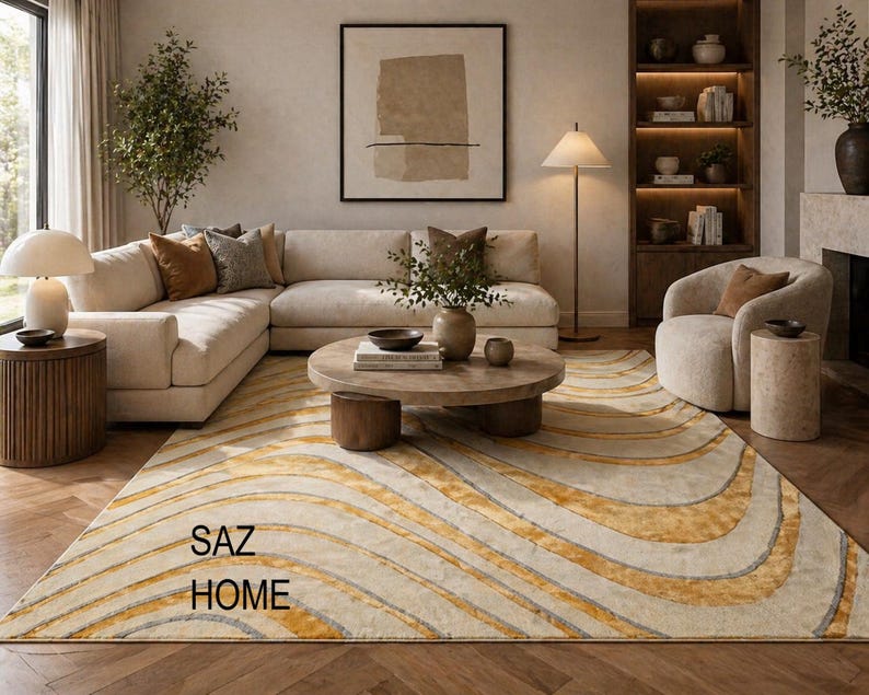 Hand Tufted Wool Carpet, Beige Gold Wavy Pattern, Living Room Bedroom ...