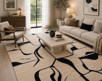Modern abstract handgetuft vloerkleed – Beige & zwart eigentijds wollen tapijt 8x10, 9x12,