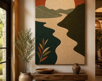 Tufted Landscape Wall Hanging, Sunset River Textile Wall Art, Nature Inspired Fiber Art, Boho Tapestry Decor, Handmade Wall Decor