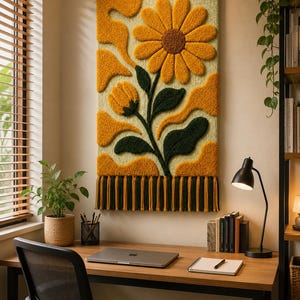 Pode incluir: Uma tapeçaria retangular tufada com um grande girassol amarelo e um botão menor sobre um fundo verde claro com formas laranja onduladas. A peça tem uma franja verde-escura e amarela na parte inferior, criando uma exibição de arte em fibra texturizada.