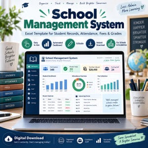 May include: A laptop displaying a School Management System Excel template dashboard with student enrollment, attendance, and fee collection charts. The screen shows data for 348 students, 312 present, and $28,450 in fees collected, alongside various navigation icons.