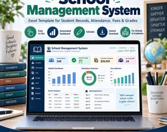 May include: A laptop displaying a School Management System Excel template dashboard with student enrollment, attendance, and fee collection charts. The screen shows data for 348 students, 312 present, and $28,450 in fees collected, alongside various navigation icons.