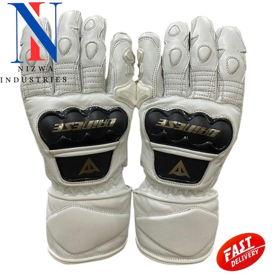 White Motorcycle Racing Gloves White Leather Premium Quality