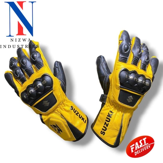 Leather Motorcycle Racing Gloves: Knuckle Protection, Suzuki Style