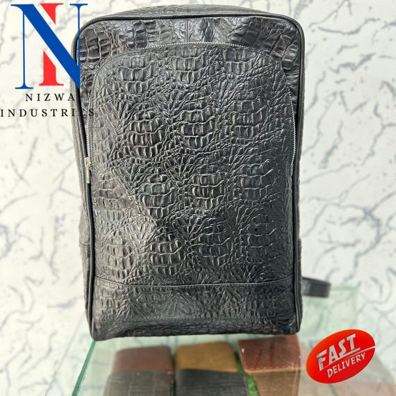 Handmade Crocodile Embossed Leather Backpack Travel Double Shoulder Bag